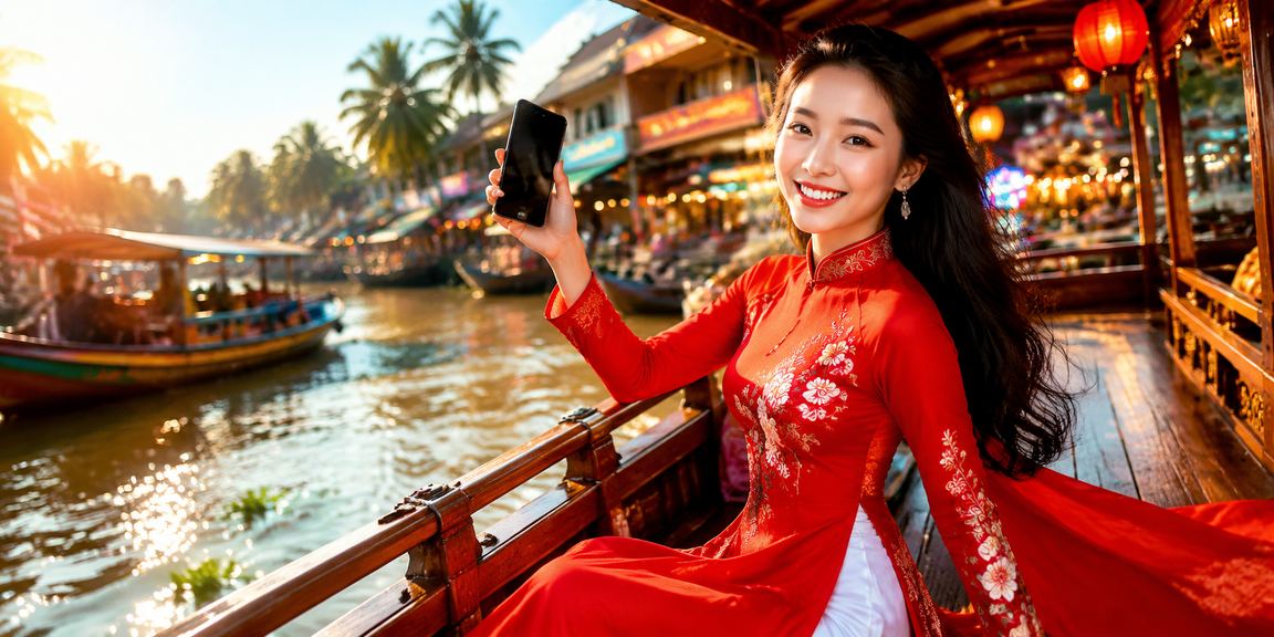 Cảnh quan vùng Mekong với áo dài truyền thống và không khí giải trí sôi động